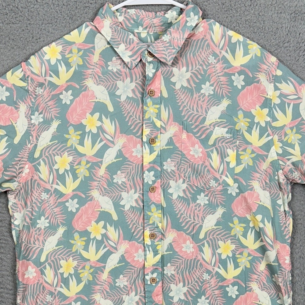 Tipsy Elves Shirt Men XL Green Pink Hawaiian Floral Button Up Stretch Pocket EUC